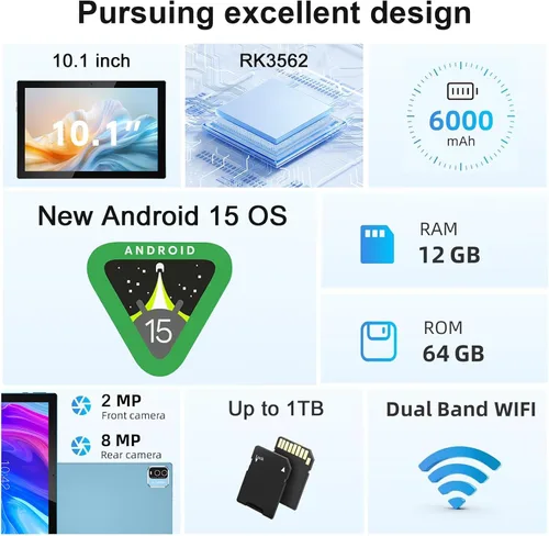 Miniatura 6 de Tableta Android 15 de 10 pulgadas (NO GO) Tabletas con teclado 64GB ROM+12GB RAM (expansión 4+8) Soporta expansión de 1TB 2MP+8MP Cámara dual Azul