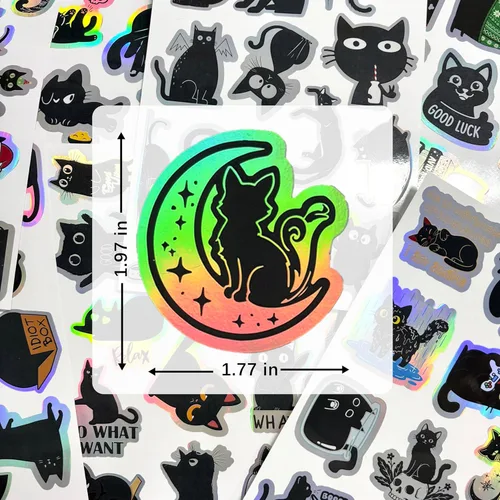 Miniatura 5 de 110 calcomanías holográficas de gato negro, divertidas y lindas calcomanías de vinilo de gato vacío, calcomanías impermeables con brillo de arcoíris