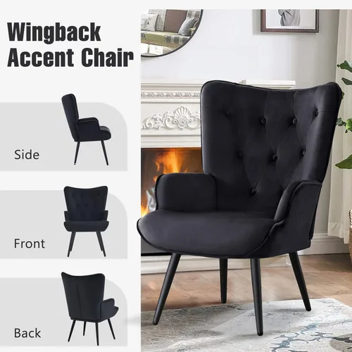Miniatura 7 de Furniliving Silla de Acento de Terciopelo para Sala de Estar, Silla de Lectura Tapizada con Respaldo Alto, Sillón de Respaldo Alado con Botones Negro