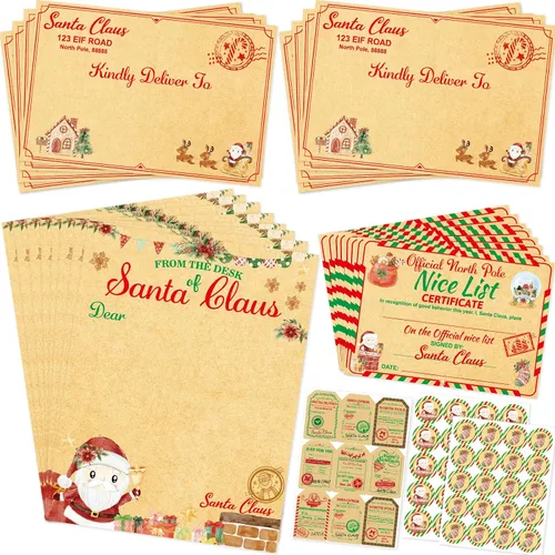 WorldBazaar 10 juegos de cartas navideñas y certificado de Claus para niños, lista de buzón de correo de Papá Noel, etiquetas de regalo, etiquetas