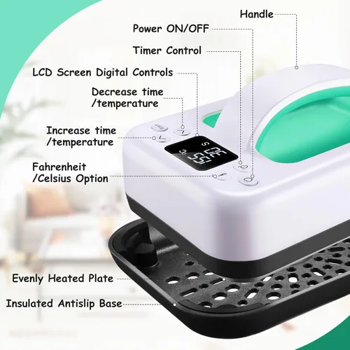 Miniatura 5 de Máquina de Prensa de Calor para Camisetas, 7" × 4.8" Portátil de Calentamiento Rápido Mini Prensa Fácil con Función de Temporización y Base Aislada