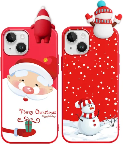 Miniatura 18 de Paquete de 2 fundas navideñas lindas para iPhone 13 Pro, patrón rojo 3D de muñeco Papá Noel muñeco de nieve Feliz Navidad de silicona suave TPU