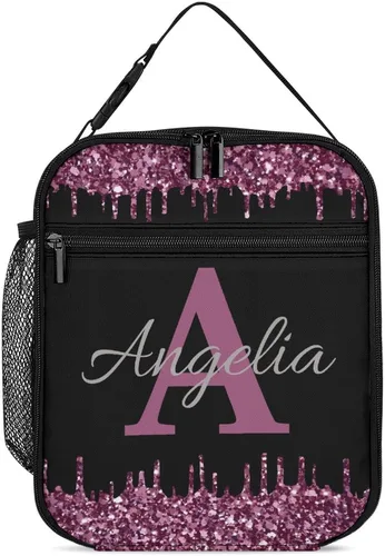 Miniatura 25 de Bolsa de almuerzo con nombre personalizado para hombres y mujeres, con monograma de purpurina azul, hielera, portátil, con nombre, para niñas, azul