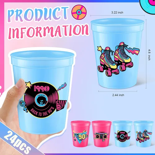 Miniatura 3 de Funnymoom 24 tazas temáticas de los años 90 de 16 onzas, reutilizables, gruesas, retro, para fiesta, de plástico, rosa, rojo y azul, retro, música