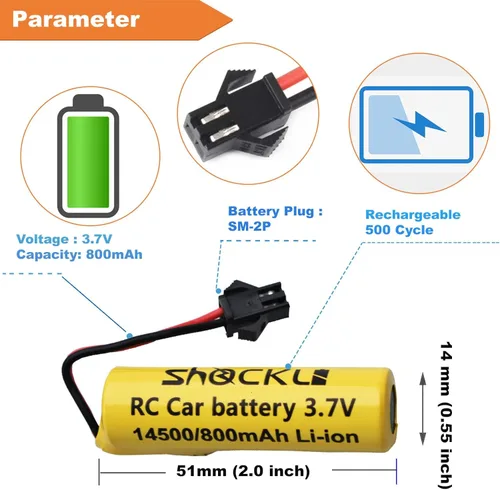 Miniatura 2 de Shockli 3.7V 800mAh Batería de control remoto para automóvil RC [500mAh actualizada], batería recargable Shockli de 3.7 V SM-2P con cable de carga