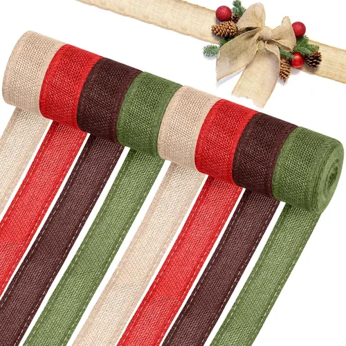 WILLBOND 8 rollos de 44 yardas de cintas navideñas con borde de alambre, rollos de arpillera con alambre de tela navideña, cinta de tejido de