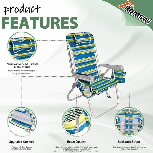 Miniatura 8 de Romswi Silla de playa alta extra ancha para adultos, mochila de asiento alto de 17 pulgadas con bolsa refrigeradora, soporte para taza y teléfono