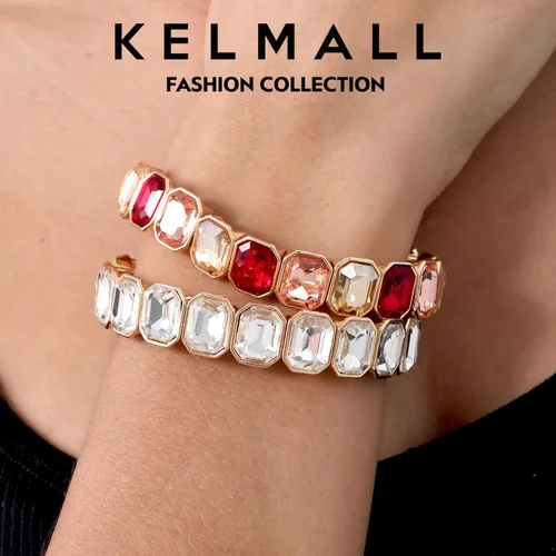 Miniatura 2 de KELMALL Trendy Crystal Exquisite Small Square Stretch Bracelet for Women, Party Proms Vibant Bling Rhinestone Elastic Bangle- Multi
