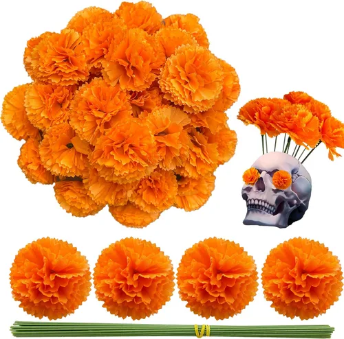 Miniatura 17 de Cabezas de flores de caléndula a granel, 50 unidades, flores artificiales de caléndula de seda para decoración del hogar, Diwali, corona