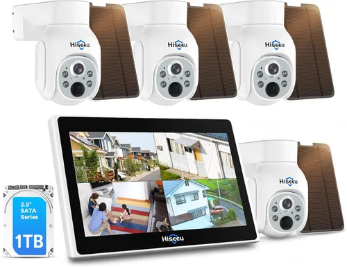 Hiseeu - Cámara de seguridad solar para exterior, 4 cámaras de 4 MP, sistema de cámara de seguridad inalámbrico con pantalla LCD de 10 pulgadas,