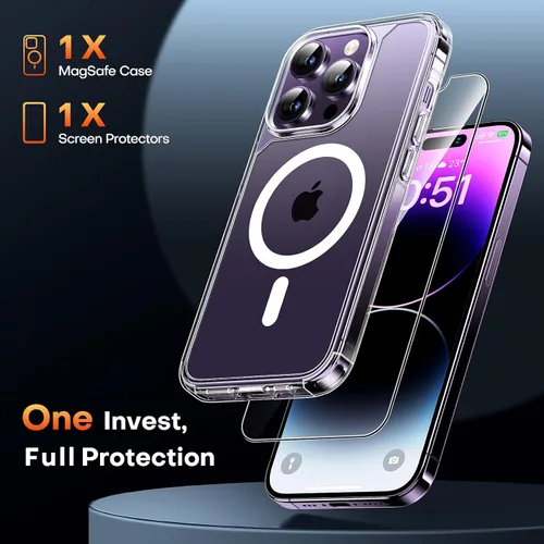 Miniatura 3 de TAURI Funda magnética 2 en 1 transparente para iPhone 14 Pro, compatible con Magsafe [no amarillenta] con protector de pantalla, protección de grado