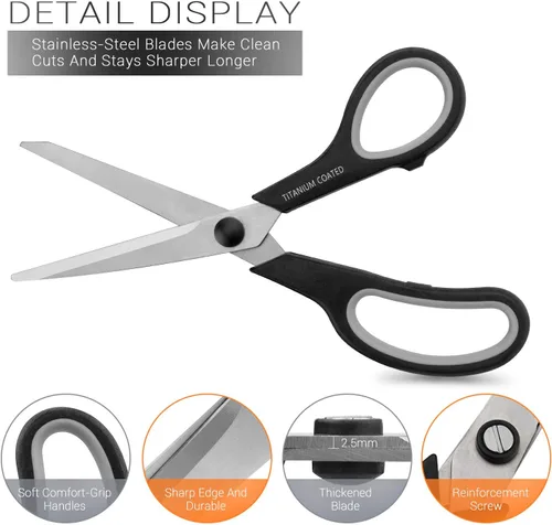 Miniatura 3 de Tijeras multiusos de 8 pulgadas con revestimiento de titanio, tijeras afiladas resistentes para diestros o zurdos, asas de agarre cómodo