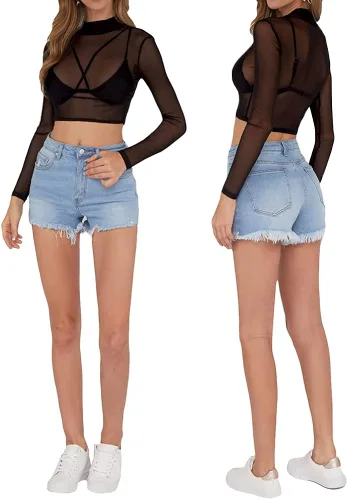 Miniatura 5 de MANGOPOP Women's Short Sleeve Long Sleeve Sheer Mesh Crop Tops Tee Shirt Blouse