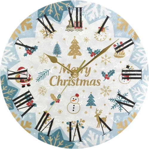 fashion Merry Christmas Gold and Blue Snowflake 10 Inch Round wall clocks for garage noiseless Easy to Read for Kitchen Dining Room reloj para pared