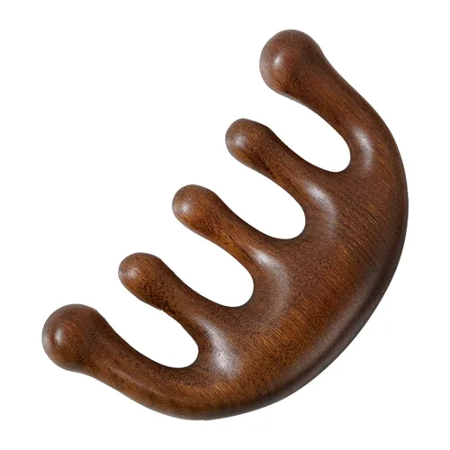 Peine de meridianos de cinco dientes de madera pura 100% natural, hecho a mano, portátil, alambre dorado, sándalo, cabeza ancha, meridianos del