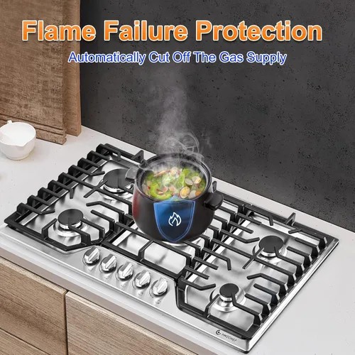 Miniatura 6 de AMZCHEF Placa de cocina de gas de 30 pulgadas con 5 quemadores SABAF fabricados en Italia. Máx. 48300 BTU/hr Estufa de gas incorporada de acero