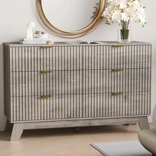 Miniatura 8 de HUANLEGO Cómoda de 6 cajones para dormitorio, cómodas estilizadas negras con cajones y tirador dorado, cómodas de madera modernas de mediados