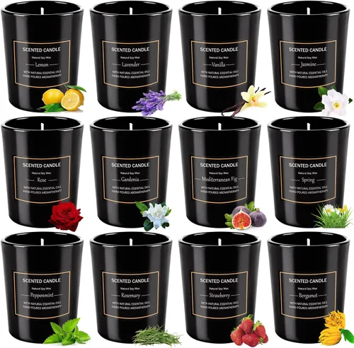 Miniatura 3 de Paquete de 12 velas perfumadas negras de regalo, velas de aromaterapia de cera de soja natural para el hogar, 12 fragancias, perfectas para aliviar