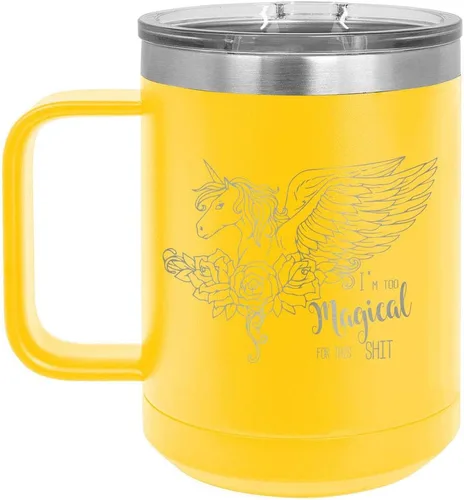 I'M TOO MAGICAL FOR THIS SHIT Taza de café amarilla de 15 onzas con tapa deslizante | Taza de café de viaje aislada | Ideas de regalo únicas de