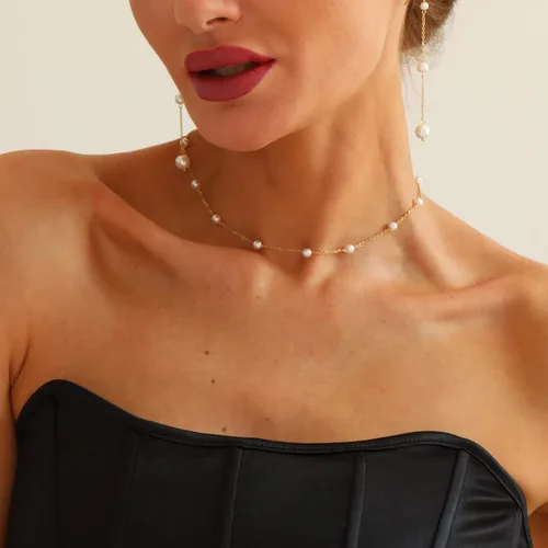 Miniatura 6 de foyjoey Gargantilla de perlas delicadas, ajustable, hecha a mano, collar de cadena de cuentas de oro para mujer, dama de honor, boda, joyería