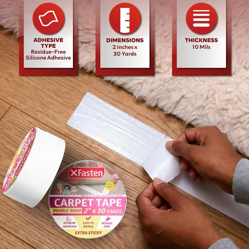 Miniatura 3 de XFasten Cinta adhesiva extra adhesiva para alfombras, 2 pulgadas x 10 yardas, para interiores y exteriores, para suelos y suelos de madera dura