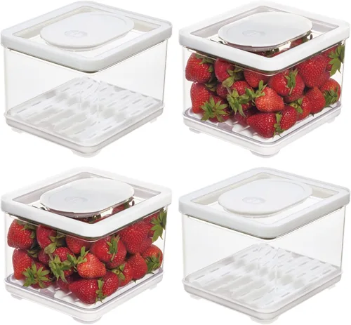 iDesign Contenedor de productos para refrigerador con bandeja de drenaje extraíble y tapa, juego de 4 unidades, transparente