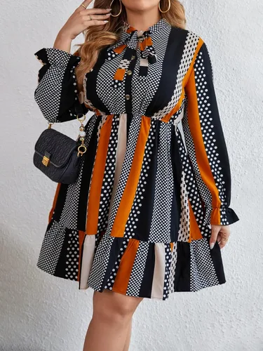 Miniatura 4 de MakeMeChic Vestido corto de manga larga a rayas con lunares y dobladillo con volantes para mujer, talla grande