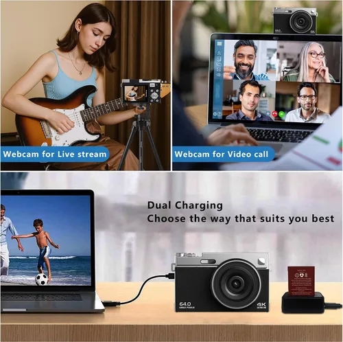 Miniatura 8 de Cámara digital 4K para fotografía con tarjeta de 64 GB, cámara de enfoque automático de 64 MP para YouTube, pantalla abatible de 180° de 2.88 Negro
