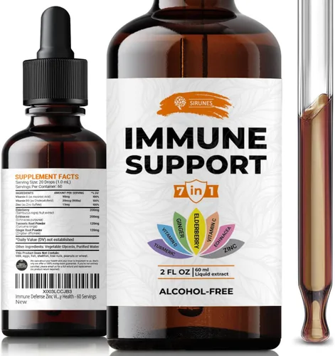 SIRUNES Gotas líquidas de apoyo inmunológico - Vitamina C, vitamina D3, zinc, saúco, equinácea, jengibre y cúrcuma - Suplemento multivitamínico
