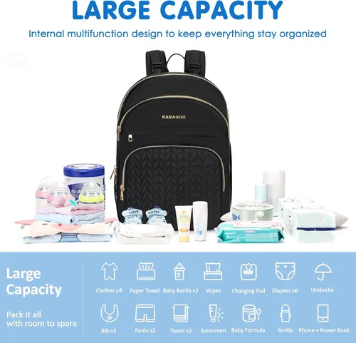 Miniatura 6 de KABAQOO Mochila para pañales de bebé, mochila impermeable para pañales para mamá y papá con cambiador, bolsillos aislados y correas para cochecito