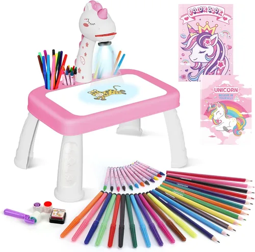 Proyector de dibujo para niños, kits de dibujo para niños de 6 a 8 años con lápices musicales, crayones, álbum de recortes, libro de calcomanías,