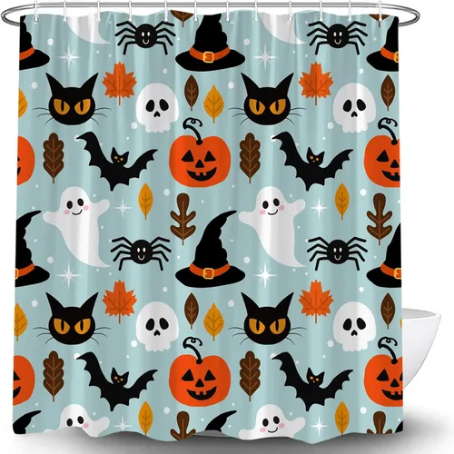 Miniatura 3 de Cortina de ducha azul de Halloween, linda cortina de baño de fantasma, terror, calabaza, espeluznante, gato negro, calavera aterradora, murciélago