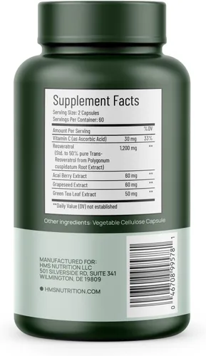 Miniatura 3 de HMS Nutrition Resveratrol 1400 mg por porción — 120 cápsulas veganas Trans‑resveratrol de alta potencia con acai, semilla de uva y té verde