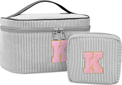 Miniatura 112 de Juego de bolsas de maquillaje con iniciales para niñas y mujeres, bolsa de cosméticos con monograma con soporte para cepillos, estuche de maquillaje