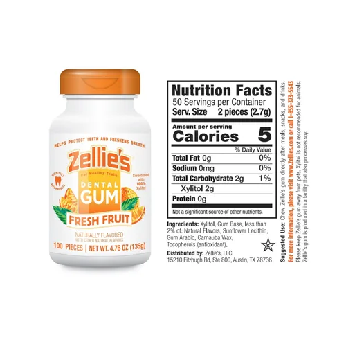 Miniatura 2 de Zellie's - Goma de mascar de fruta fresca 100% xilitol, sin aspartamo, sin gluten, vegano y kosher (100 unidades, paquete de 1)