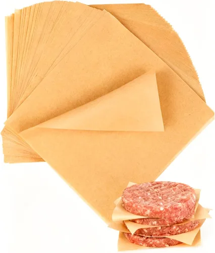 100 piezas de papel de hamburguesa antiadherente de 6 x 6 pulgadas, hojas cuadradas de papel de cera para hamburguesas separadas, prensa de