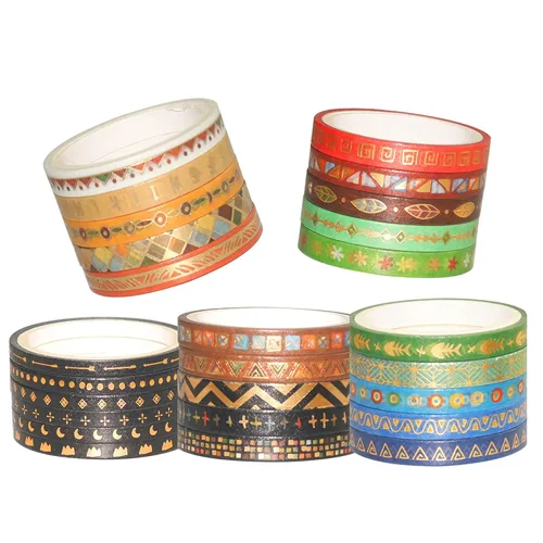 Miniatura 2 de YUBBAEX Juego de 26 rollos de cinta washi india, 0.197 in de ancho, tótem folclórico dorado fino decorativo para diario, álbum de recortes, agenda