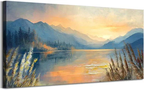 Arjun Pintura de paisaje, puesta de sol, montaña, lago, lienzo, arte de pared, enmarcado grande, 40 x 20 pulgadas, azul suave, cálido, sereno,