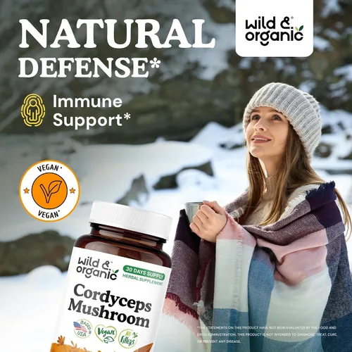 Miniatura 2 de Wild & Organic Cordyceps Cápsulas de hongos de 1200 mg - Apoyo inmunológico - Suplemento en polvo de hongos Cordyceps - Extracto de micelio puro