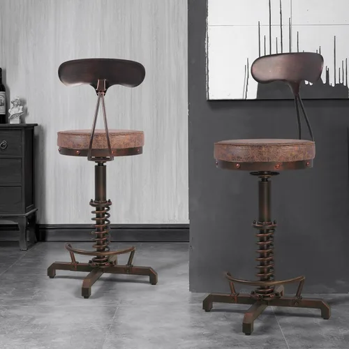 Miniatura 2 de Taburete de bar industrial con respaldo de metal, taburetes de café rústicos con asiento de cuero giratorio, silla de isla de cocina vintage, sillas