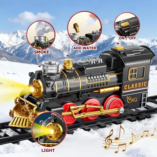 Miniatura 2 de Juego de tren de Navidad para niños, juguetes de pista de tren de 2 capas con humo, luz y sonido, vías de tren de construcción para niños de 4 a 8