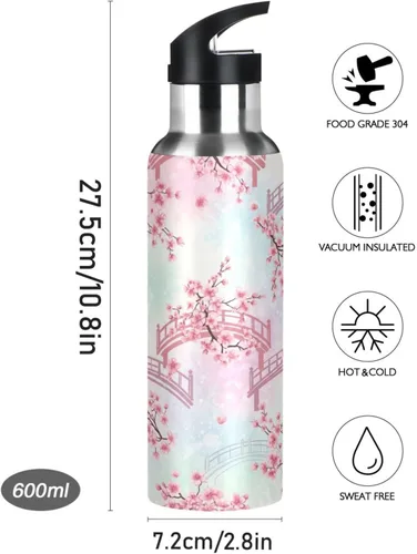 Miniatura 9 de BPA-Free Sports Water Bottle with Straw 32 Oz, Insulated Stainless Steel Water Bottle with Straw for Gym Outdoor Travel School, Cherry Blossom