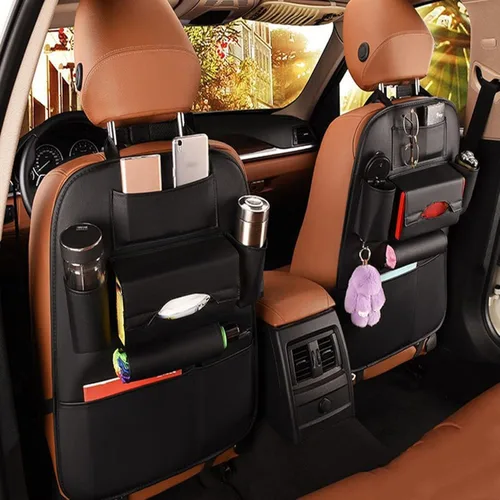 Paquete de 2 organizadores para la parte trasera del asiento del automóvil con cubiertas universales, organizadores de viaje en cuero sintético,
