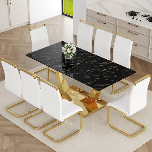 Miniatura 38 de Juego de Mesa de Comedor Negra para 6, Mesa de Comedor de Mármol Falso de 71" para 6, Juego de Mesa de Cocina Rectangular con Sillas de Cuero PU