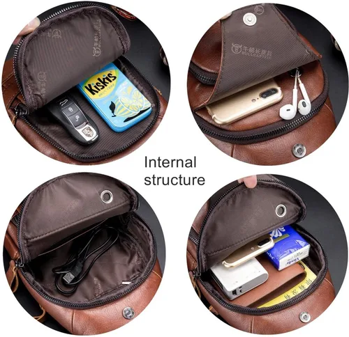 Miniatura 5 de BULLCAPTAIN Bolso bandolera de cuero para hombre, bolsa cruzada de viaje, mochila de senderismo con puerto de carga USB, varios bolsillos