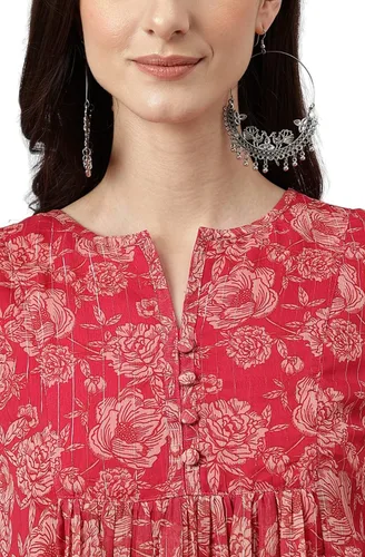 Miniatura 6 de Janasya Indian - Vestido acampanado de gasa rosa oscuro con estampado floral lúrex para mujer