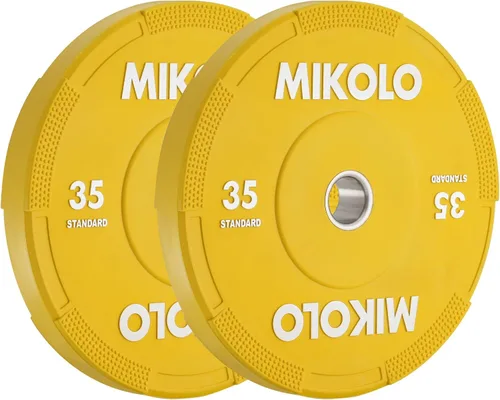 Mikolo Juego de placas olímpicas para parachoques, 100% de goma de baja densidad y rebote con inserciones de acero, placas de barra silenciosas