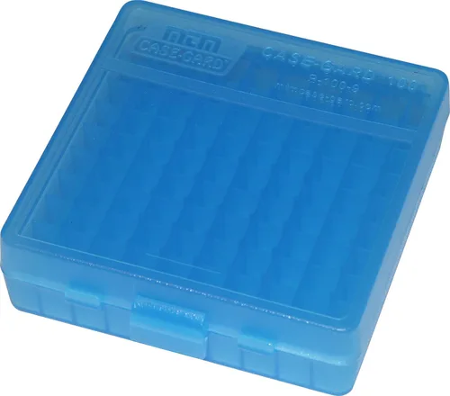 MTM P-100-9-24 Caja de munición con tapa abatible de 100 cartuchos | Compatible con 9mm 380 ACP | Fácil de agarrar | Apilable, cierre de clic | Azul