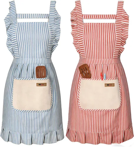 Miniatura 13 de Paquete de 2 delantales de cocina ajustables para mujeres y hombres con bolsillos, delantal de trabajo, parrilla, restaurante