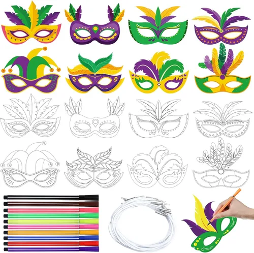 Lenwen 16 máscaras para colorear de Mardi Gras, colorea tus propias máscaras de Mardi Gras, kits de manualidades con bolígrafos para bailes de